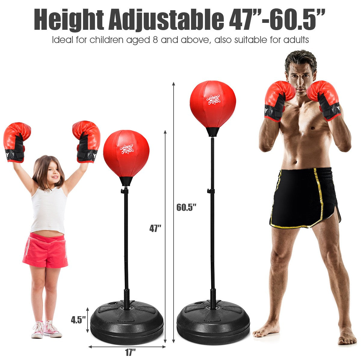 Boxing Punching Bag W/ Height Adjustable Stand Boxing Gloves Teenagers & Adults